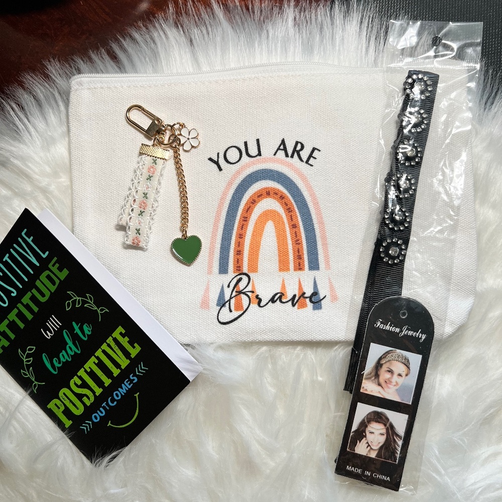 Bundle of 4 Items:Cosmetic Bag, Bag Charm, Small Notebook, Fashion Headband NWOT